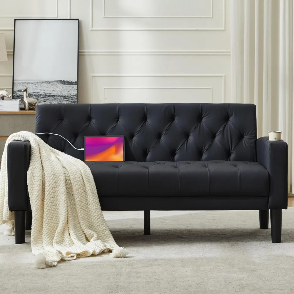 Sofá Loveseat de 62" de ancho con 2 puertos de cargador USB y 2 portavasos, sofás pequeños con asiento de amor de cuero negro capitoné moderno de mediados de siglo