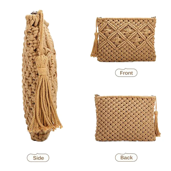 ABQR sac en coton tissé à la main pour femme sac tissé en paille porte-monnaie sac pour téléphone portable pochette sac à pompon kaki