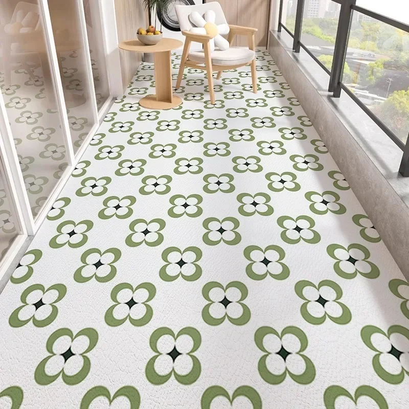 

For Simple Green Print Balcony Floor Mat Small Fresh Kitchen Waterproof Non-slip Carpet Home Pvc Leather Foot Mats Wear-resistan