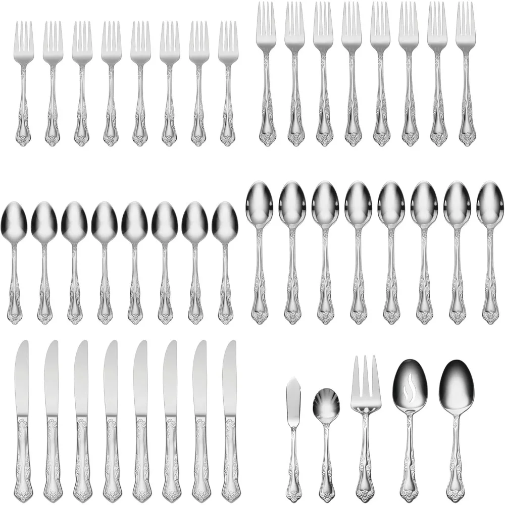 

45-Piece Stainless Steel Flatware Set for 8, Elegant Floral Design with Serving Utensils, Dishwasher Safe