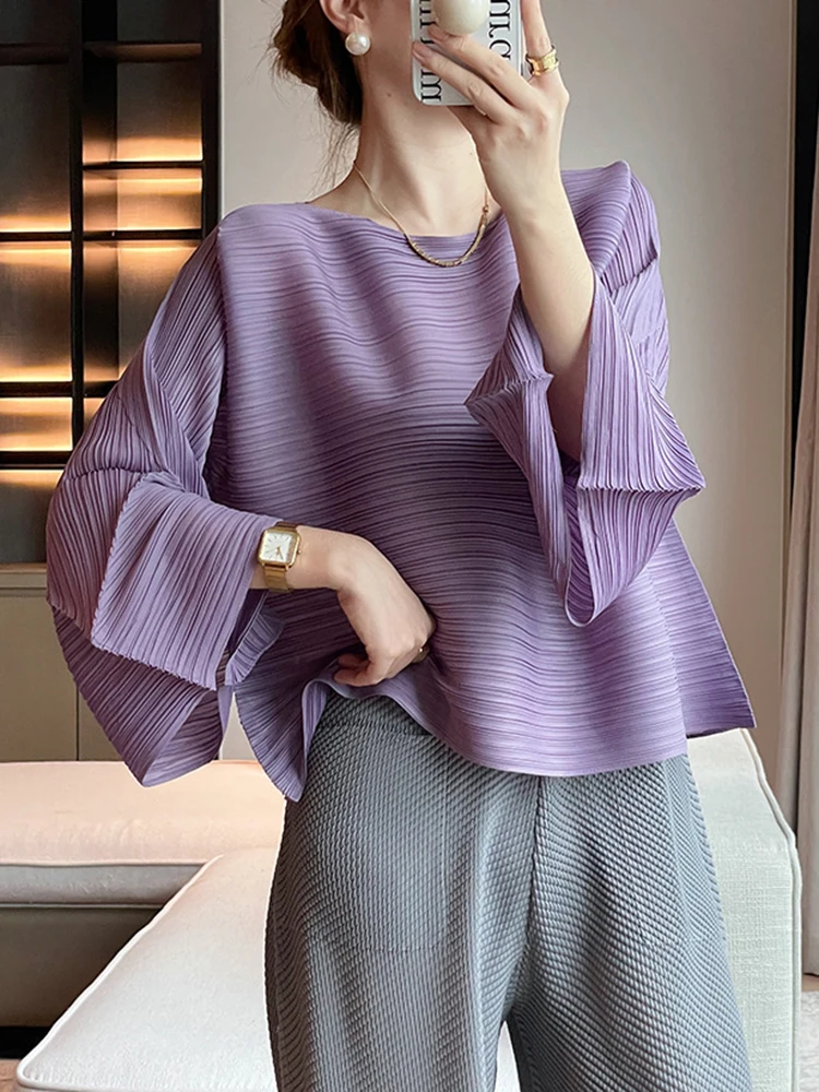 GVUW Pleated Women T Shirt Flare Sleeve Loose Round Collar Casual New Versatile Simplicity 2024 Fashion Female Clothing 17G6641