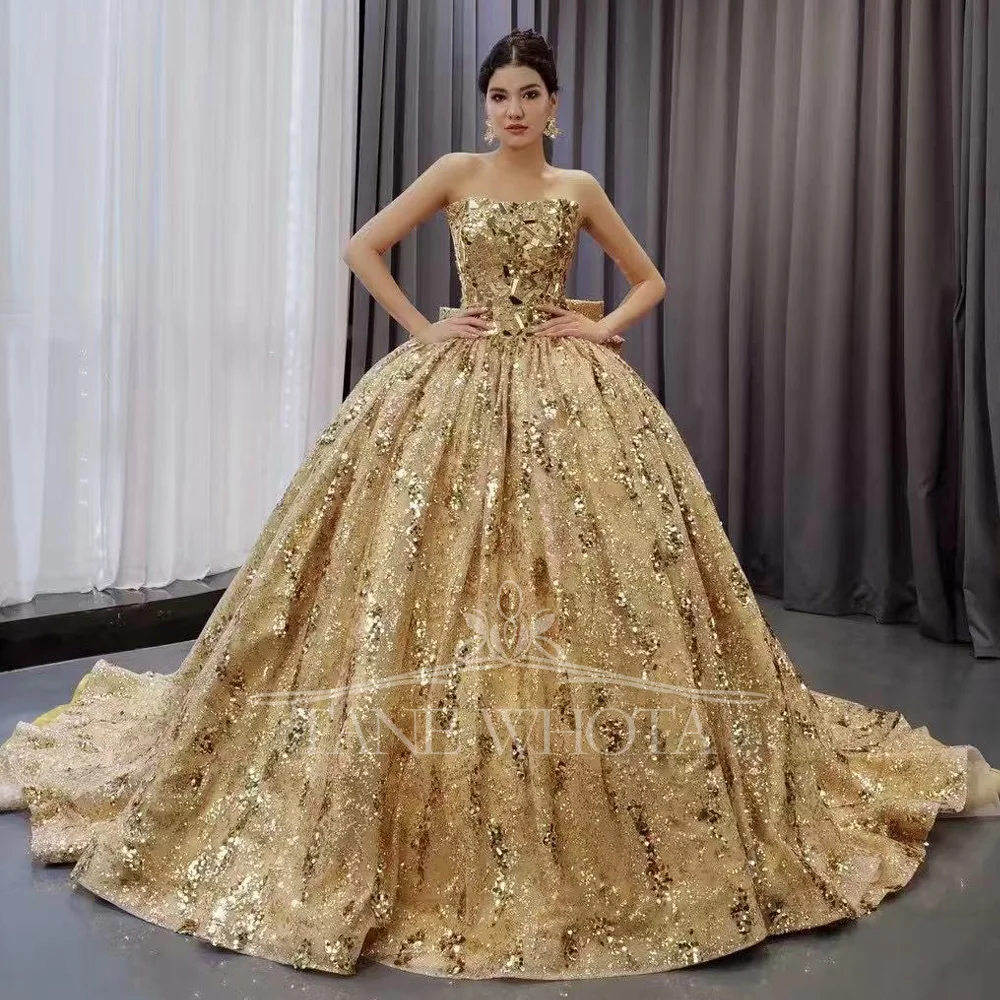 

Желтое бальное платье без бретелек Вечернее платье без рукавов со шнуровкой сзади и бантом с блестками по индивидуальному заказу для особых случаев