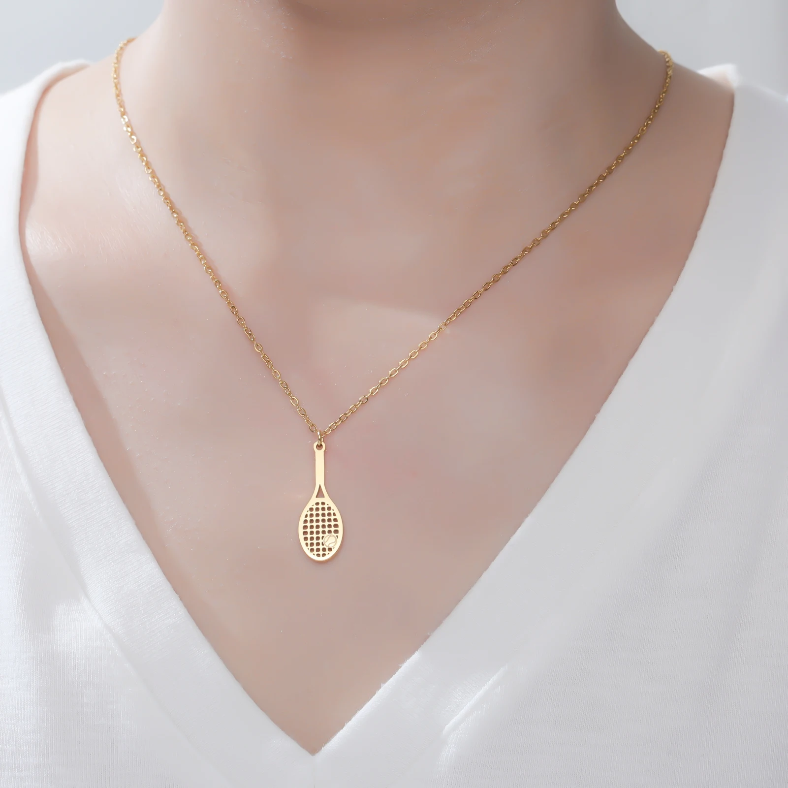 Unift Tennis Racket Necklace Stainless Steel Sports Series Necklaces Gold Color Tennis Racket Pendant Necklace for Women and Men