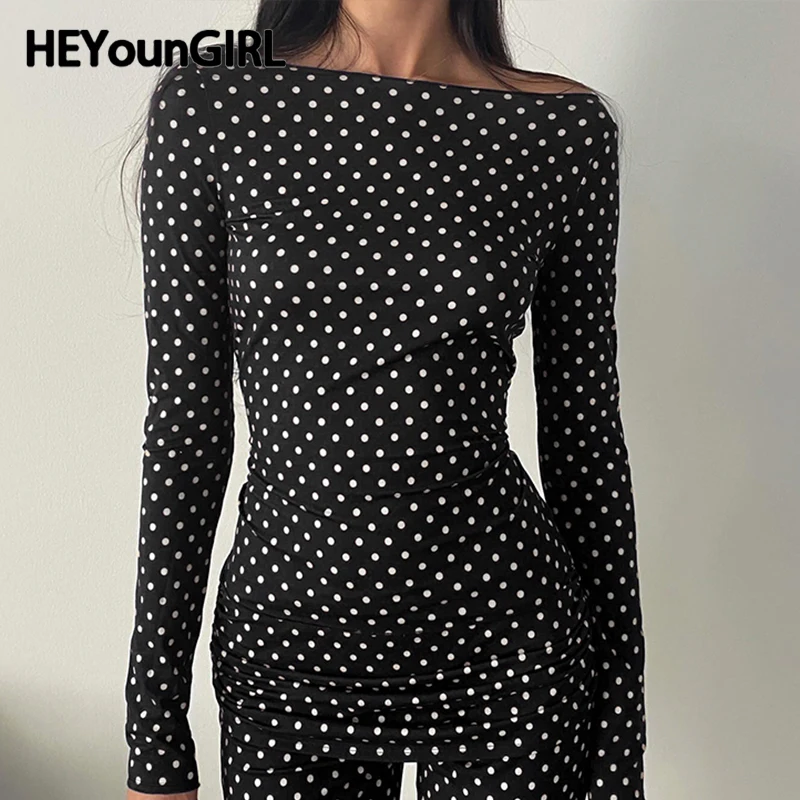 HEYounGIRL Women Dot Print Fitted Crop Top Elegant Casual Long Sleeve Vintage T-shirt Autumn Fashion Basic Tees Street Outfits