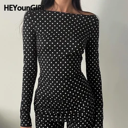 HEYounGIRL Women Dot Print Fitted Crop Top Elegant Casual Long Sleeve Vintage T-shirt Autumn Fashion Basic Tees Street Outfits