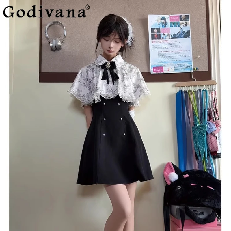 

Girls Lolita Princess Sweet Cute Dress Detachable Printed Shawl Two Piece Set Women Summer Rojita Bow Lace Short Dress