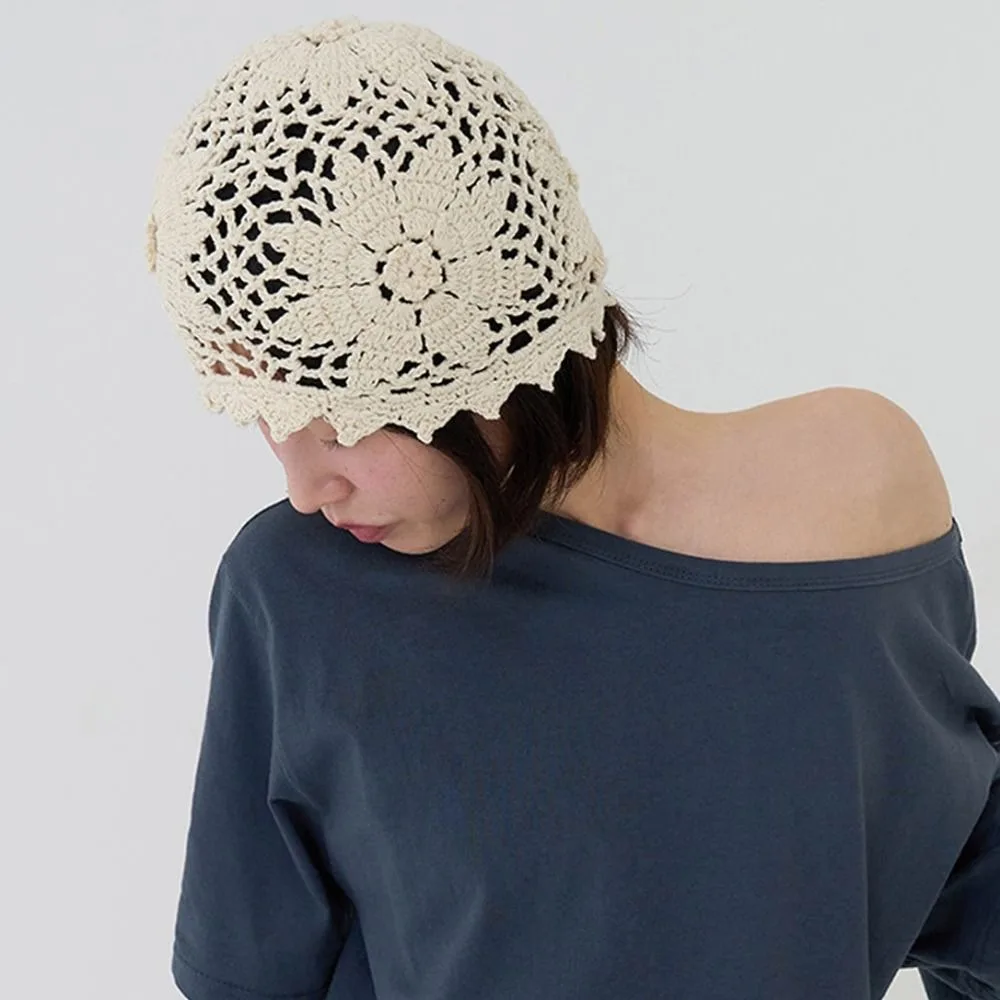 

Sweet Handmade Crochet Flower Hat Thin Bohemian Style Beanies Hat Ethnic Style Korean Hollow Out Knitted Hat Spring and Summer