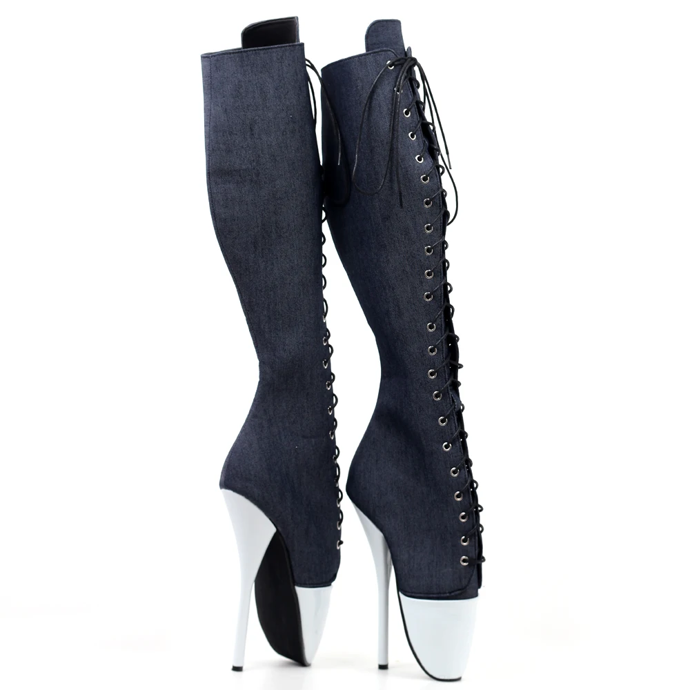 7 Inch High Heel Denim Knee High Ballet Boots New Style Unisex Size36-46