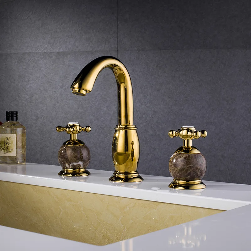 

Brass Three Hole Two Handle Gold Bathroom sink faucet Top Quality Hot Cold Lavabo faucet Golden Luxury Marble Wash basin faucet