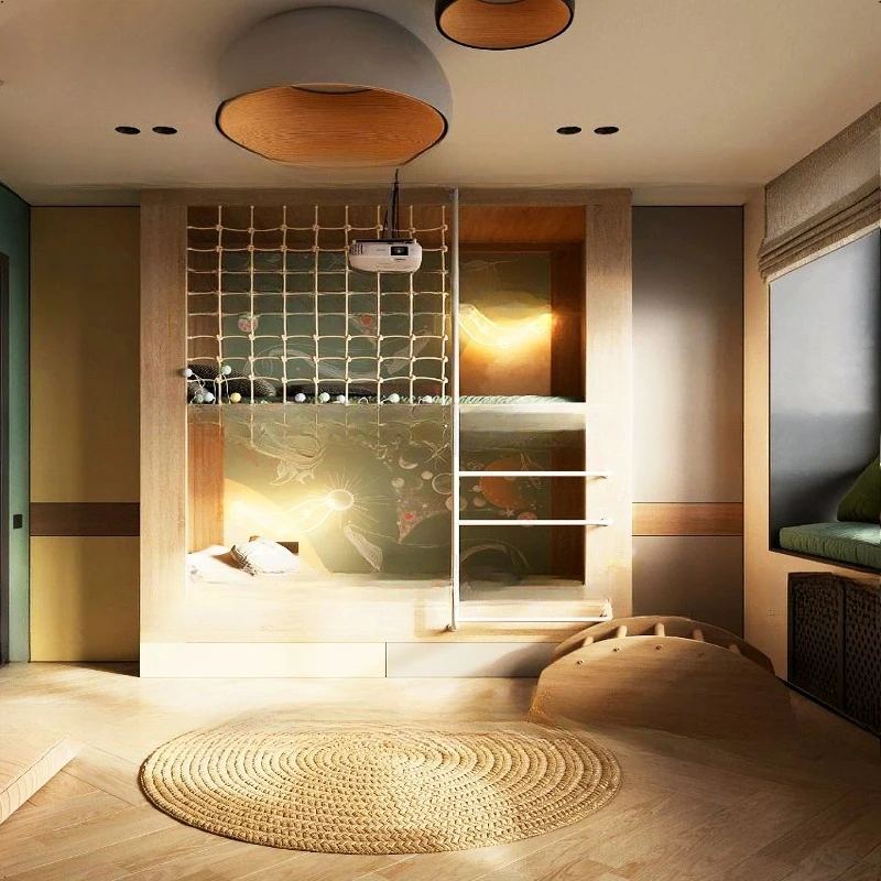 Tempat tidur atap miring di loteng, tempat tidur susun dua tingkat untuk orang tua dan anak