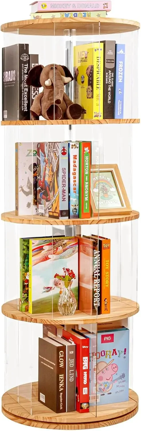 Bookshelf, 360 Degree Revolving Bookcase, 4-Tier Spinning Bookshelf, Clear Acrylic & Solid Wood Rotating Bookcase for Kid’s Play