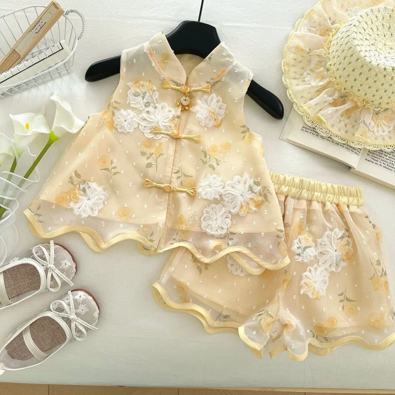 

2025Summer Girls' Outfit New Style Chinese Style Vest Top with Lace Shorts Baby Girl New Chinese Style Two-Piece Set