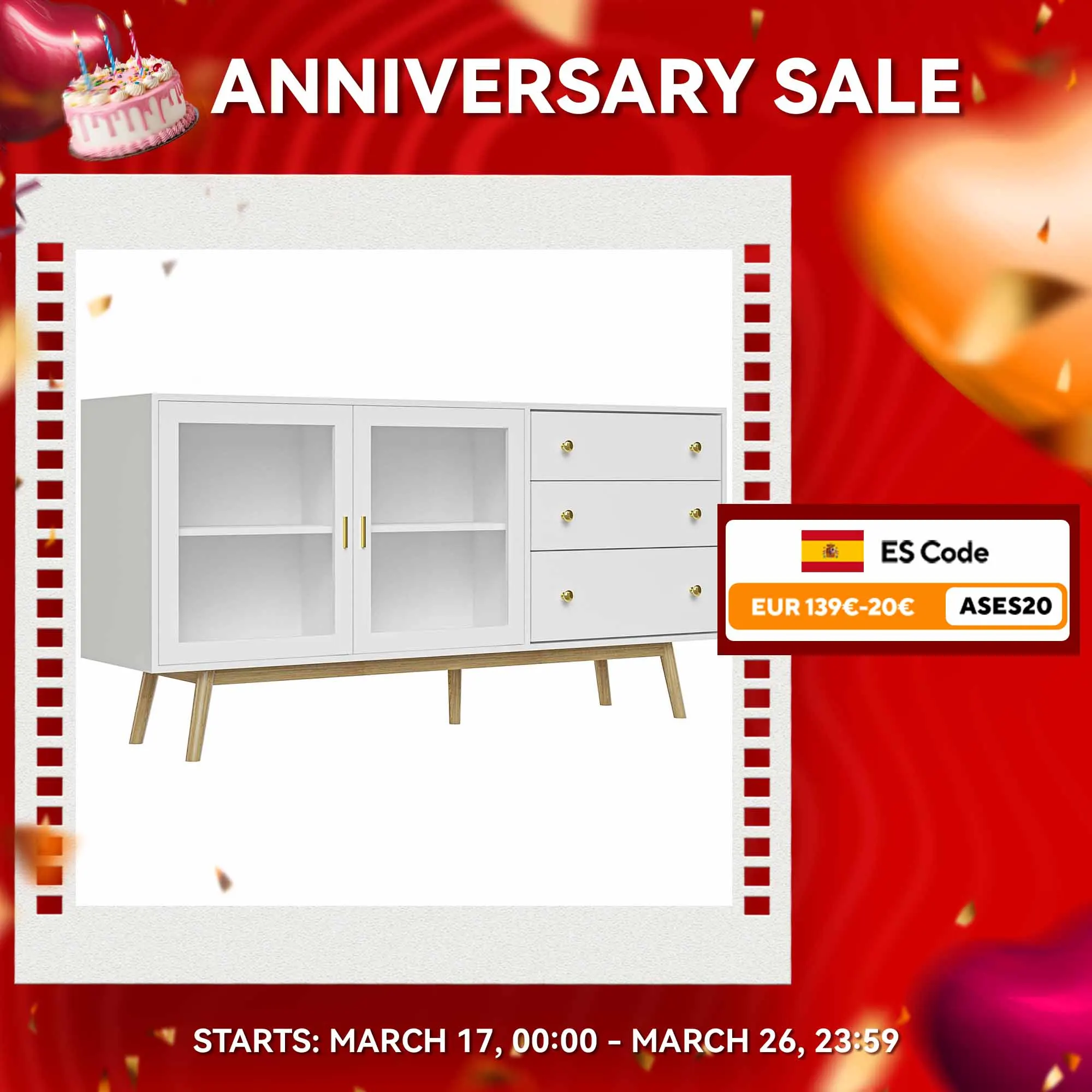 Homcom Blanco Aparador De Cocina Moderno Aparador De Salón Mueble Vitrina Con 2 Puertas De Vidrio 3 Cajones Y Patas De Madera De Caucho Para Comedor 160X40x80 Cm