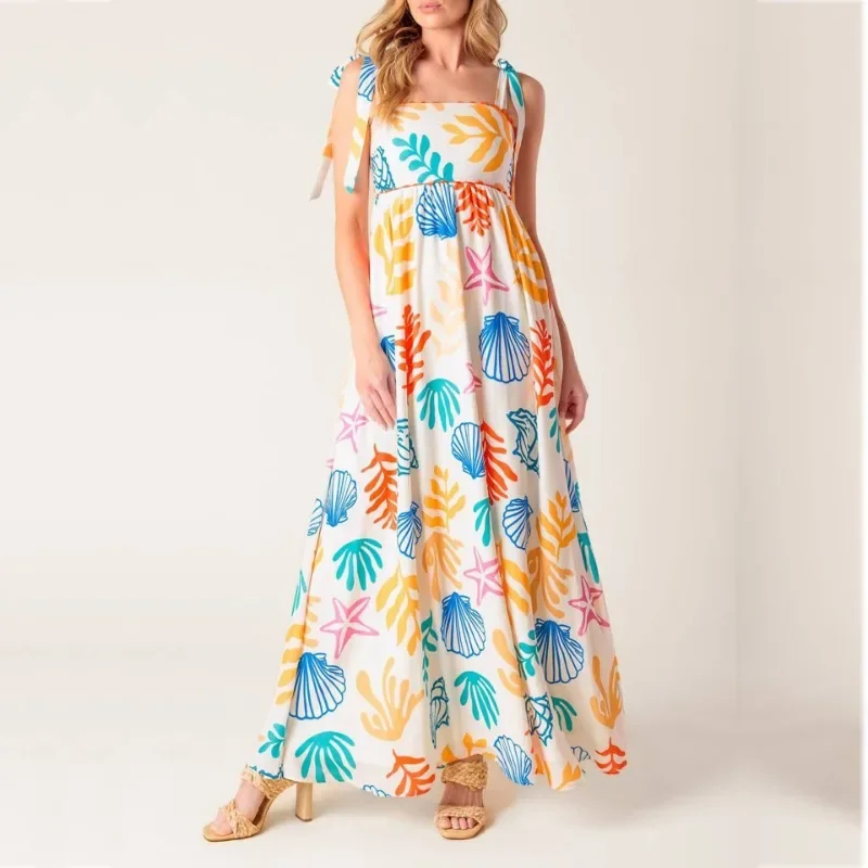 Y2K Abito lungo senza maniche Stampa con cinturino per spaghetti Abito a linea Abito ampio da spiaggia per le vacanze Abito lungo floreale Boho da donna