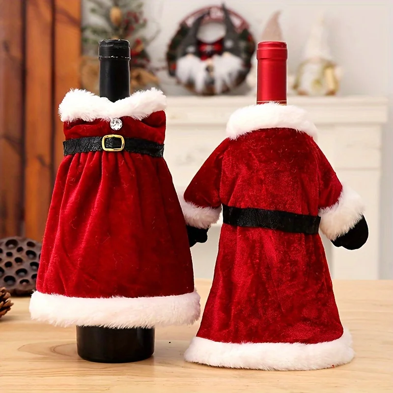Festive Red Wine Bottle Cover Dress Christmas Skirt Wine Decoration Velvet Fabric Reusable Wine Gift Access Holiday Bottle Decor