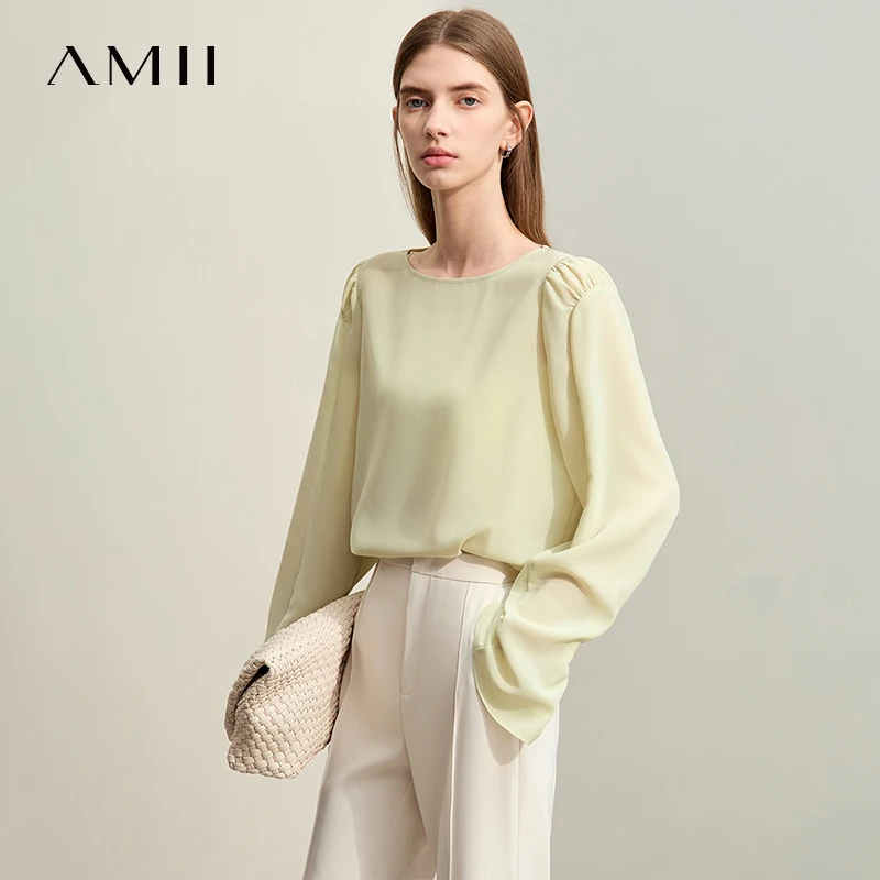 AMII Elegant Autumn Blouses Women New 2025 Solid Slash Neck Long Flare Sleeve Chiffon Shirts Female Fashion Office Lady 12541168