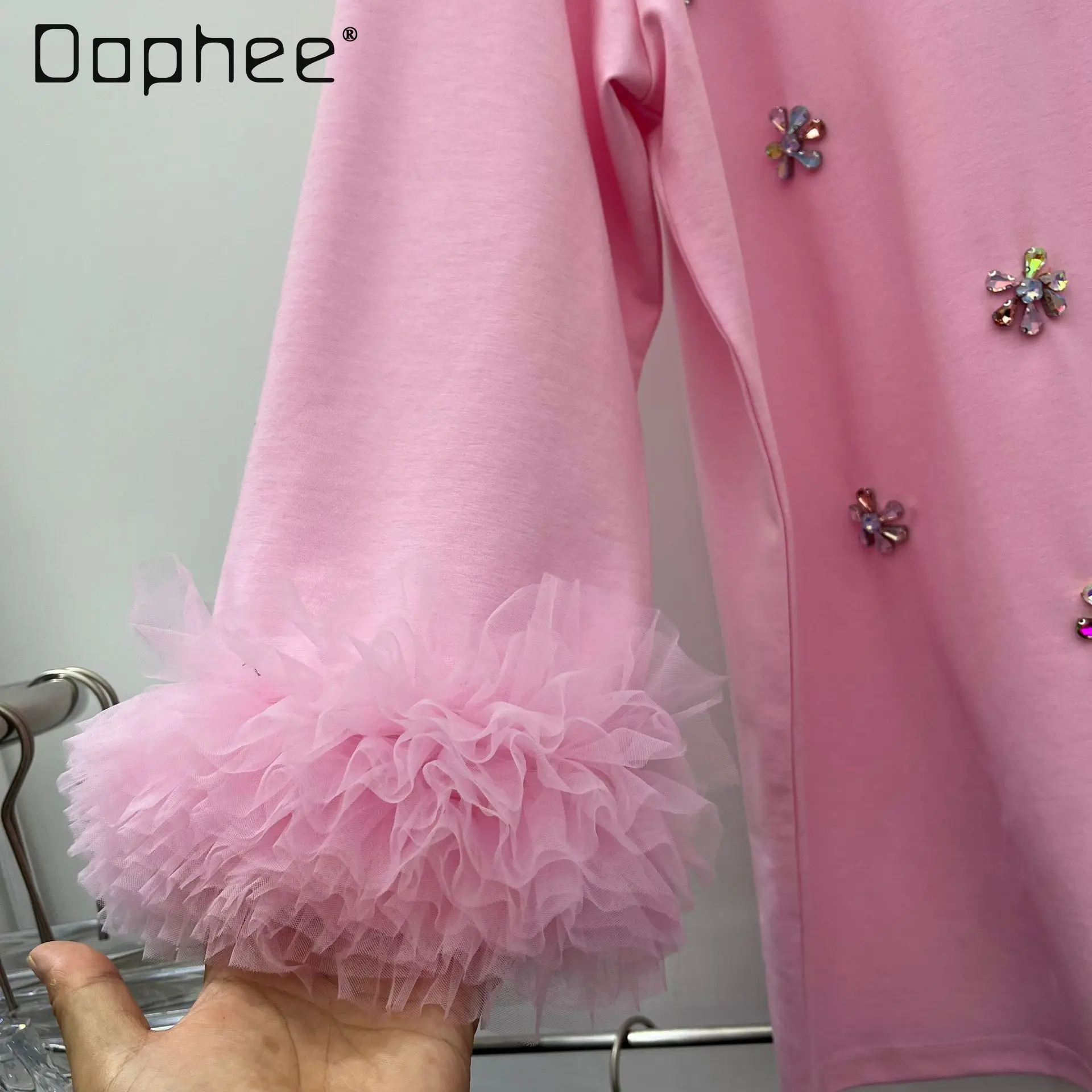 Korean Trendy Fashion Plush Patchwork Long Sleeve Oversized Sweatshirt Heavy Beaded Flower Round Neck Casual Sweatshirt Women