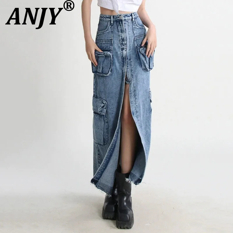 

ANJY Summer New Women Elegant Chic Denim Skirt Multi-pocket Split High Waist A-line Vintage Streetwear Safari Style Skirts A9199