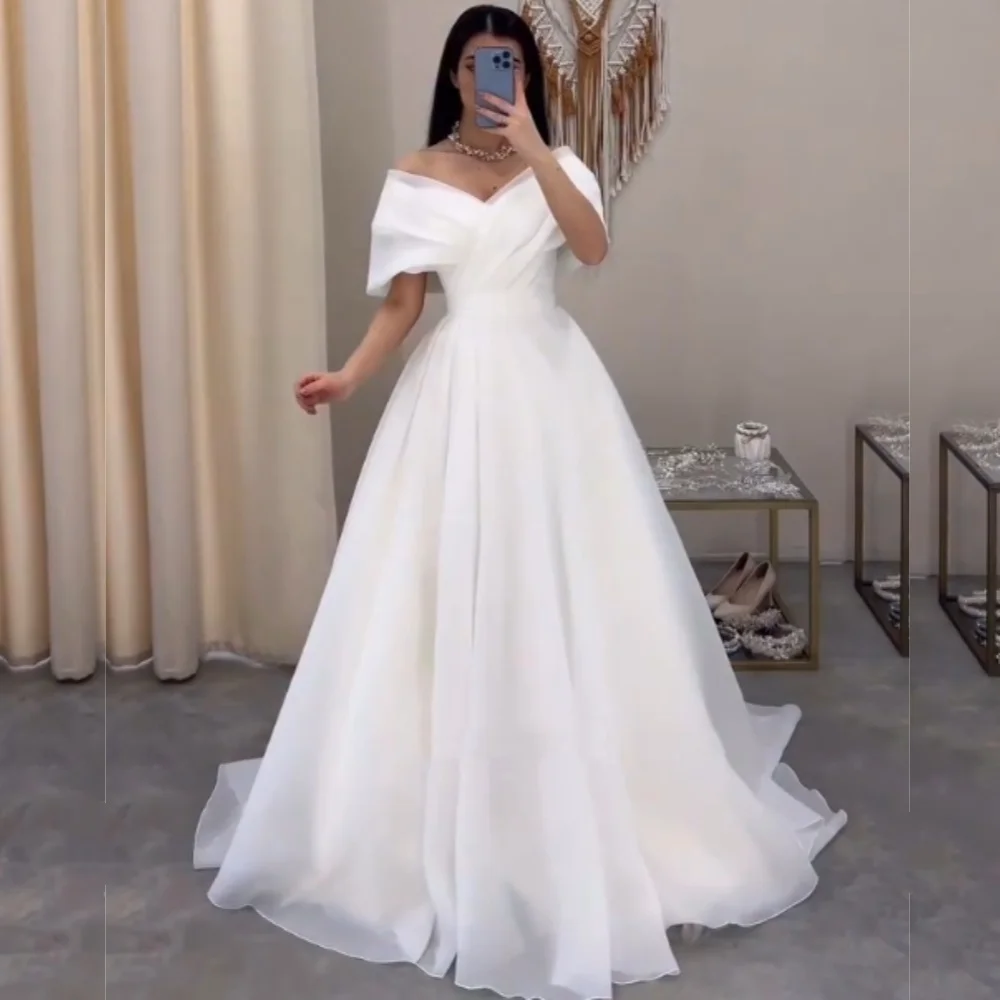 

Customized Modern Style Organza Pleat A-line Off-the-shoulder Long Dresses Bespoke Occasion Casual Simple