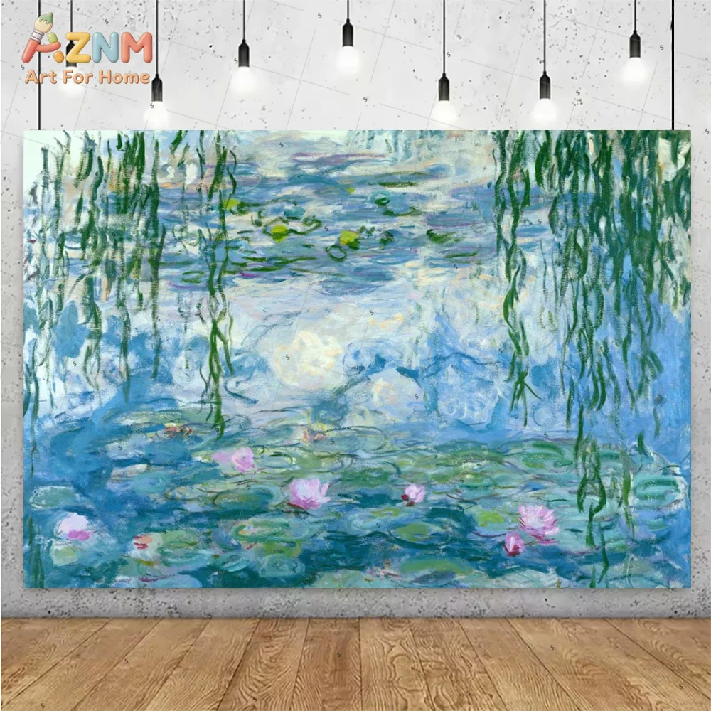 AZNM Claude Monet Impressionist Canvas Wall Art Water Lilies Sunrise Garden Landscape Classic Oil Painting Vintage Scenery Livin