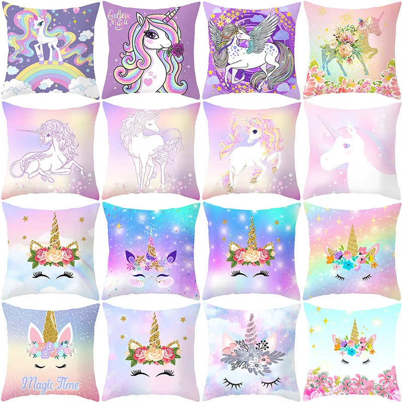 Time Cartoon Home Decor Pillow Purple Unicorn Pillowcase Rainbow Sunrise Sofa Cushion Cover