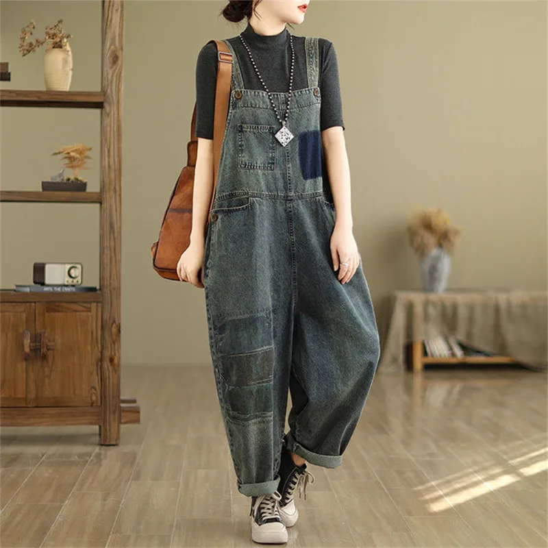 

Vintage Jeans Women's Autumn Loose Print Versatile Patchwork Washed Denim Overalls Oversized Straight-leg Streetwear Jumpsuit