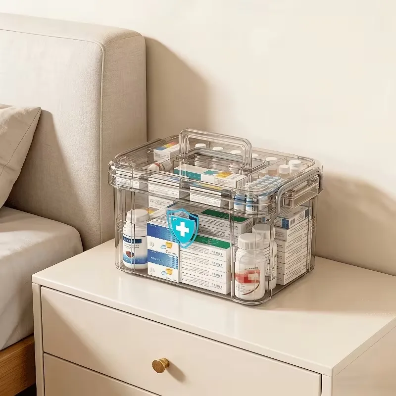 Double-layer Transparent Carry-handle Storage Box,a Versatile Household First Aid Kit for Storing Medicines,Cosmetics,Stationery