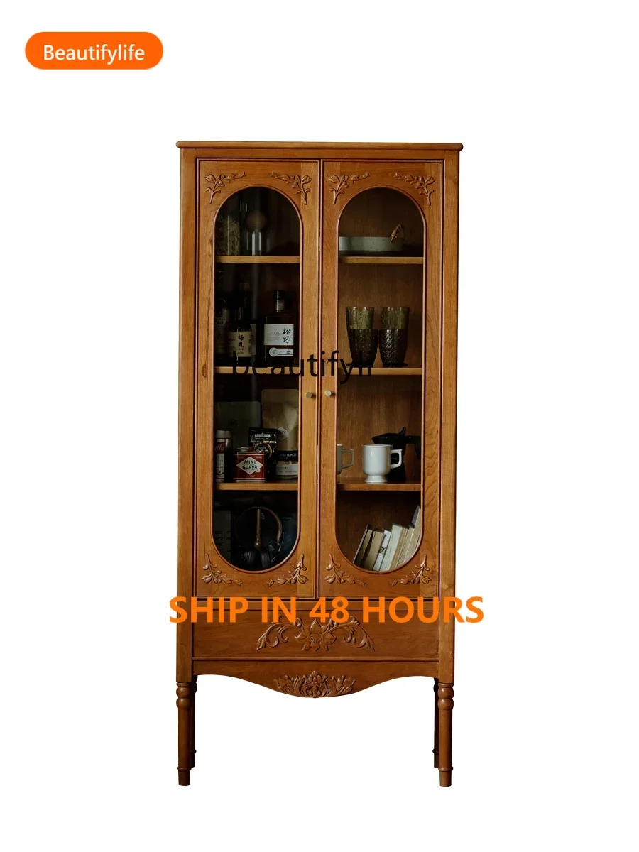 

Cherry wood French retro style home bookcase wine cabinet, medieval storage display cabinet