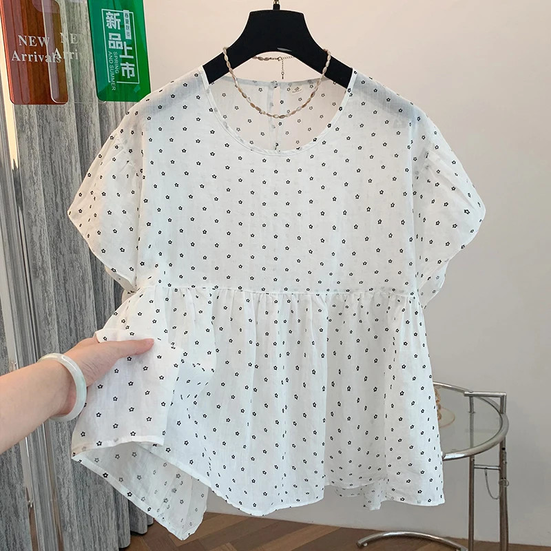 

Women's Summer Loose Cotton Ramie Printing Floral Shirt Round Neck Short Sleeve Japanese Tops Blouse Casual
