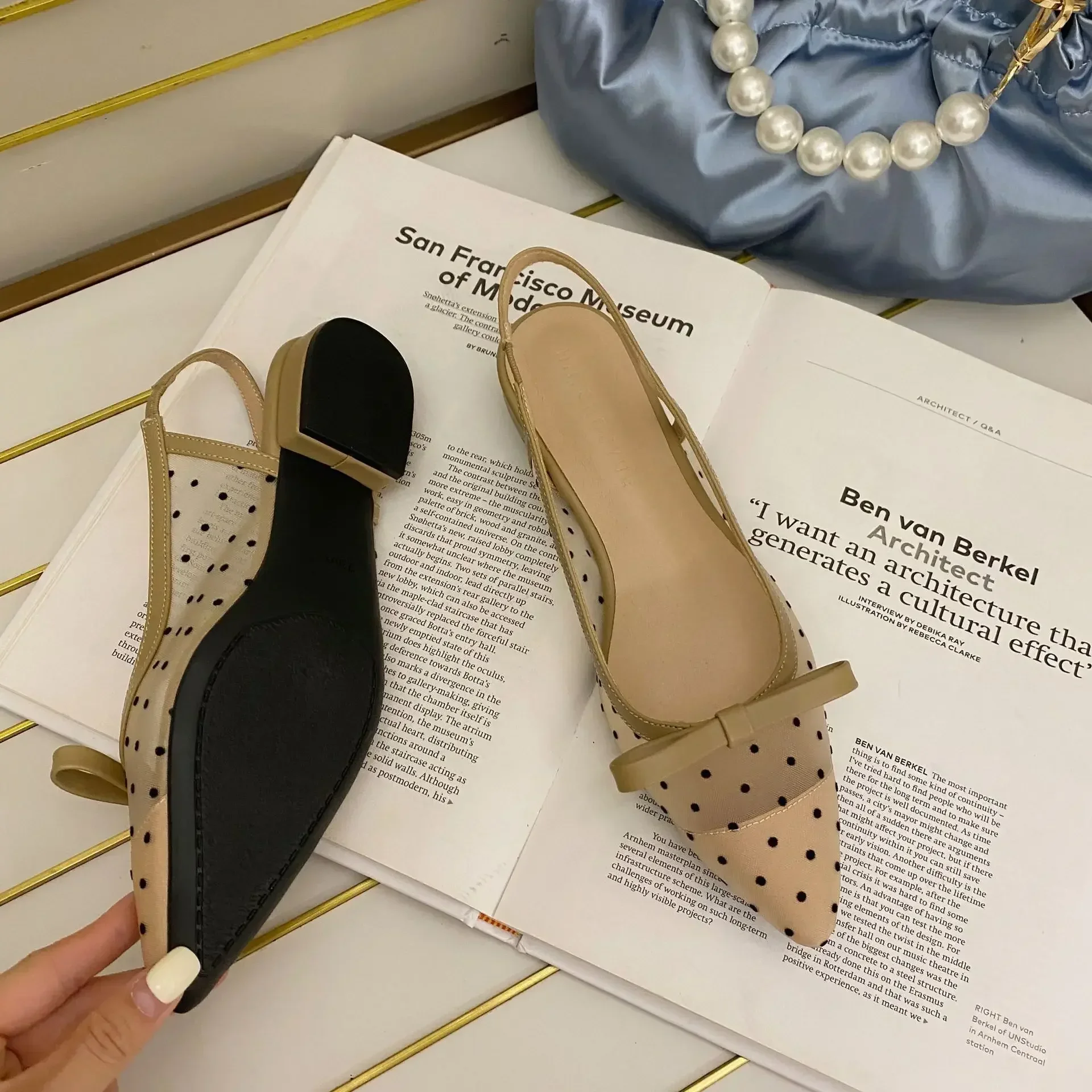 2024 Polka Dot Chunky Heel grazioso punta a punta bocca superficiale che dimagrisce Baotou Bow Shoes donna