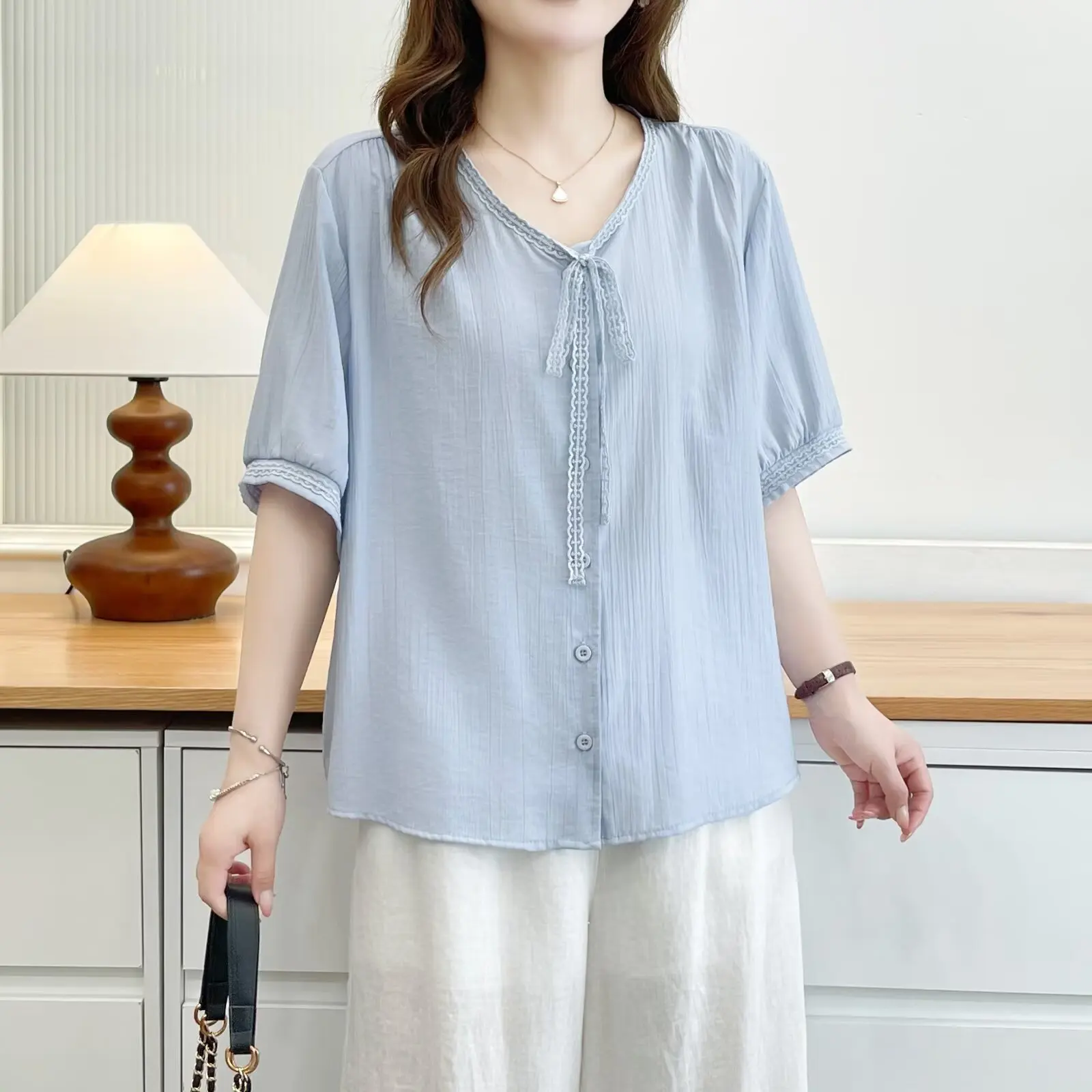2026 Summer Plus Size Women Shirt Ruffle V Neck Tie Short Sleeve Open Blouse Simple Versatile Fashion Tops For Curvy Ladies 811 view 4