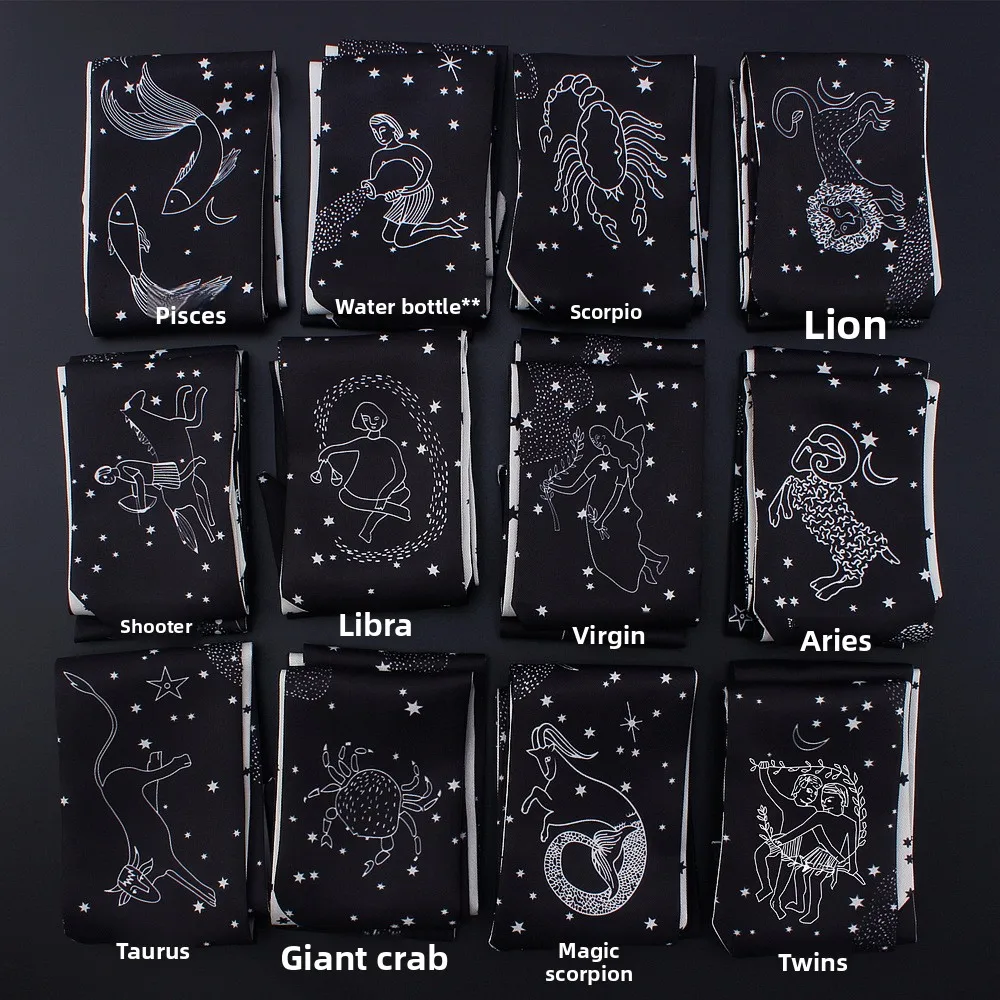 

Twelve Constellations Small Long Silk Scarf for Women Black and White Double-sided Headband Wrist Tie Bag Streamer Scarf Girl
