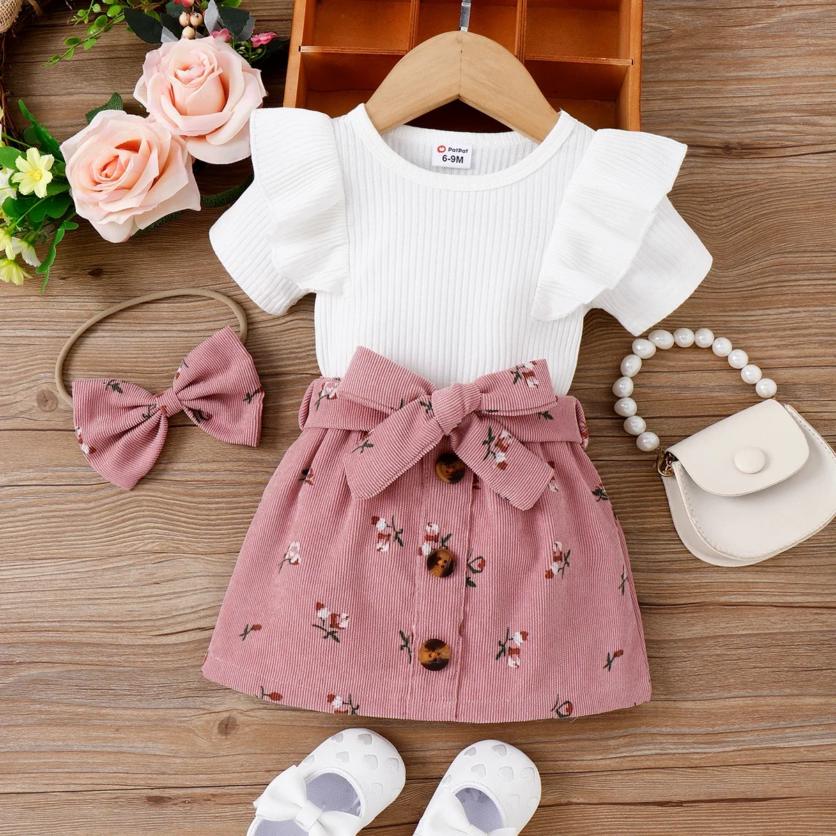 PatPat 3pcs Baby Girl 95% Cotton Ribbed Ruffle Short-sleeve Tee and Floral Print Belted Skirt & Headband Set