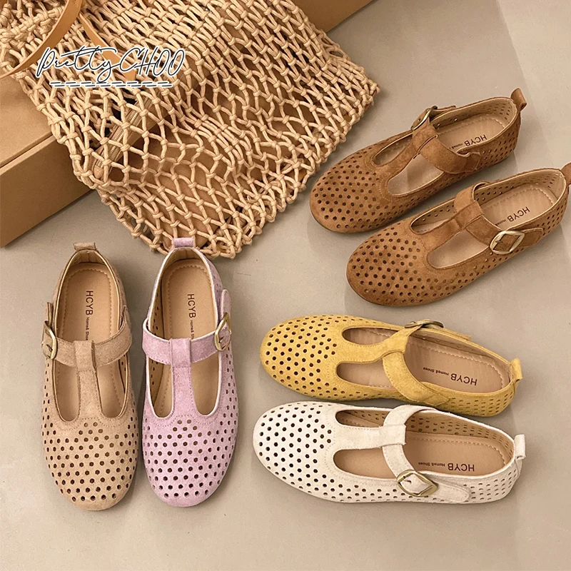 Punches Hollow Out T-Strap Mary Jane Shoe Woman Breathable Soft Suede Ballerina Shoe Ladies Casual Buckle Strap Dot Ballet Flats