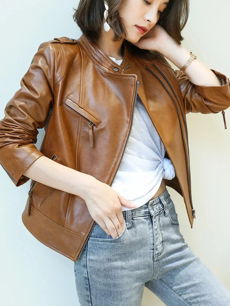 Leather Genuine Jacket Women Spring Autumn Stand Collar Slim Zipper Cropped Motorcycle Jackets High-quality Real Sheepskin Coats