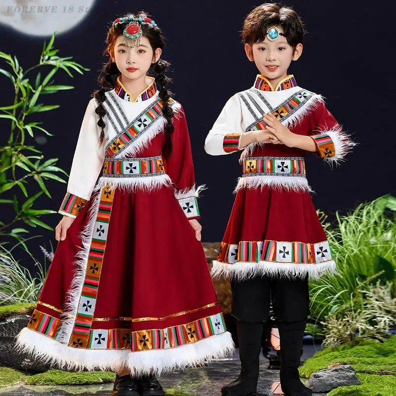 Children's Tibetan Dance Costume Traditional Chinese Ethnic Minority Clothing Boy Girl Nationality Stage Performance Clothes