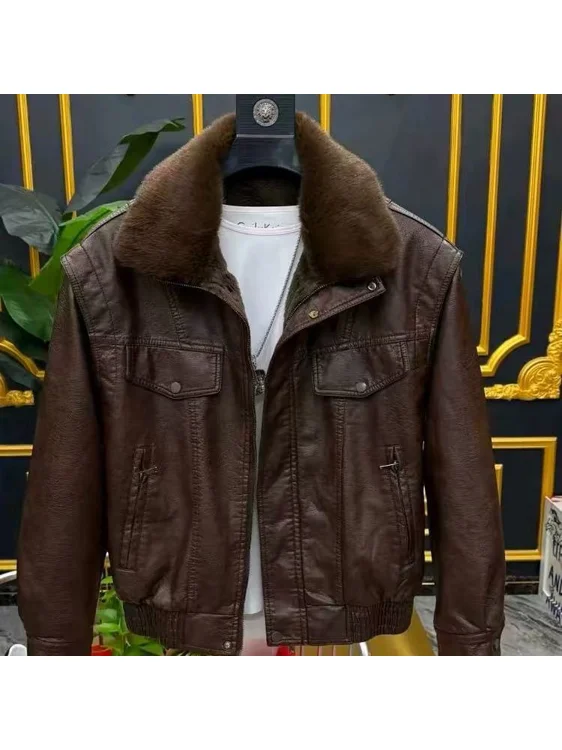 

Men's PU Leather Jaet Autumn Winter New Sle Faux Fur Collar Warm Busin European High ade ort Zipper Coat
