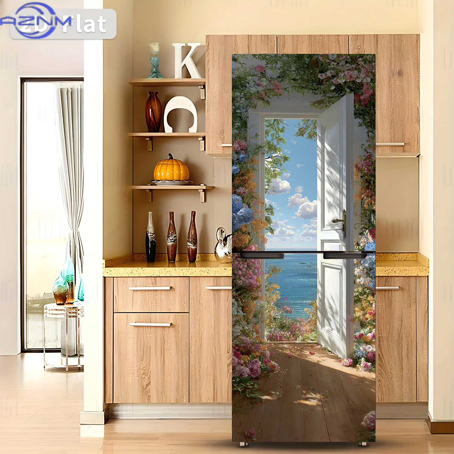 2D Flat Printing 1pc Refrigerator Sticker  Flower Sea Gateway Theme Design Wall Decal Self-Adhesive Wallpaper Suitable for Cab