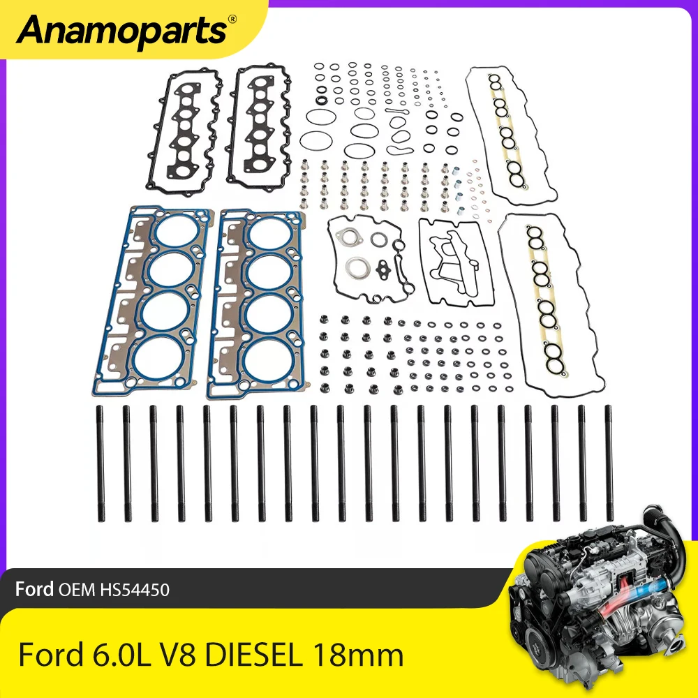 Engine Parts New Cylinder Head Stud Kit & Head Gasket Set 18mm Fit 6.0 L For 03-06 Ford Excursion F-350 Super Duty 6.0L DIESEL