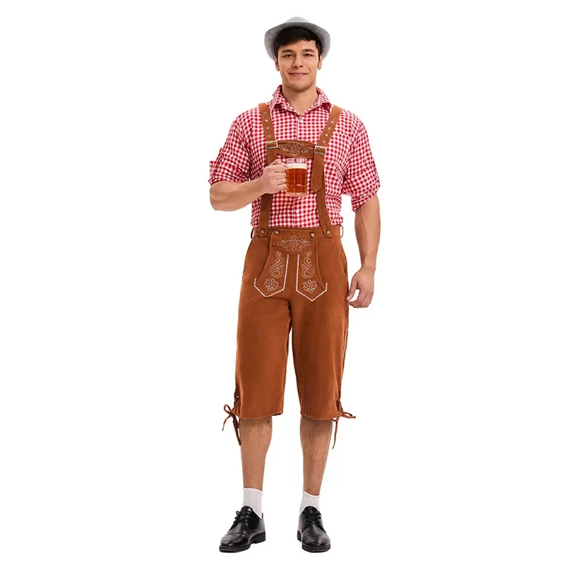 Male German Oktoberfest Lederhosen Costume Short Sleeve Suspenders Rompers Shirt Hat Bavarian Beer Festival Men Cosplay Outfit