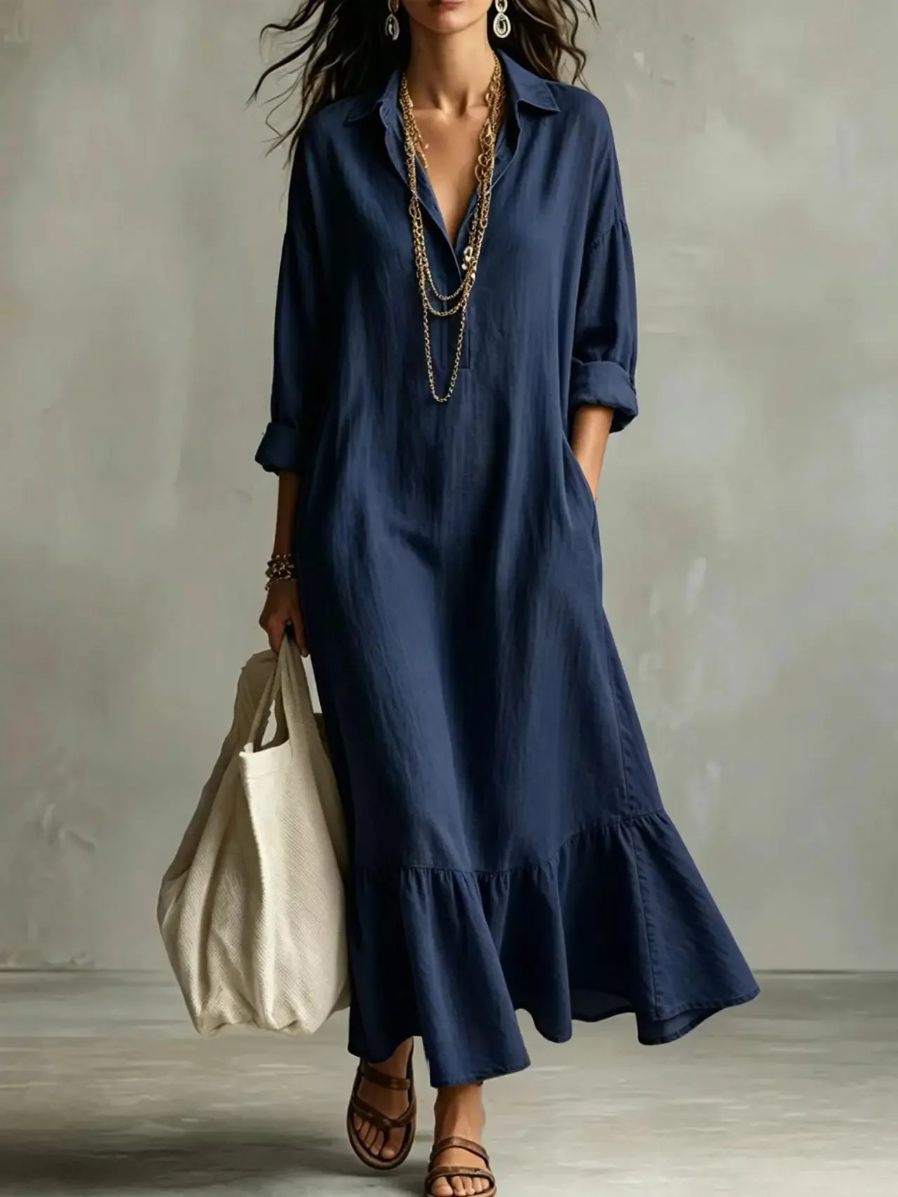 Spring Autumn New Fashion Lapel Long Sleeve Shirt Women's Loose Dress Casual Simple Retro Ruffled Swing Dress Female 2026