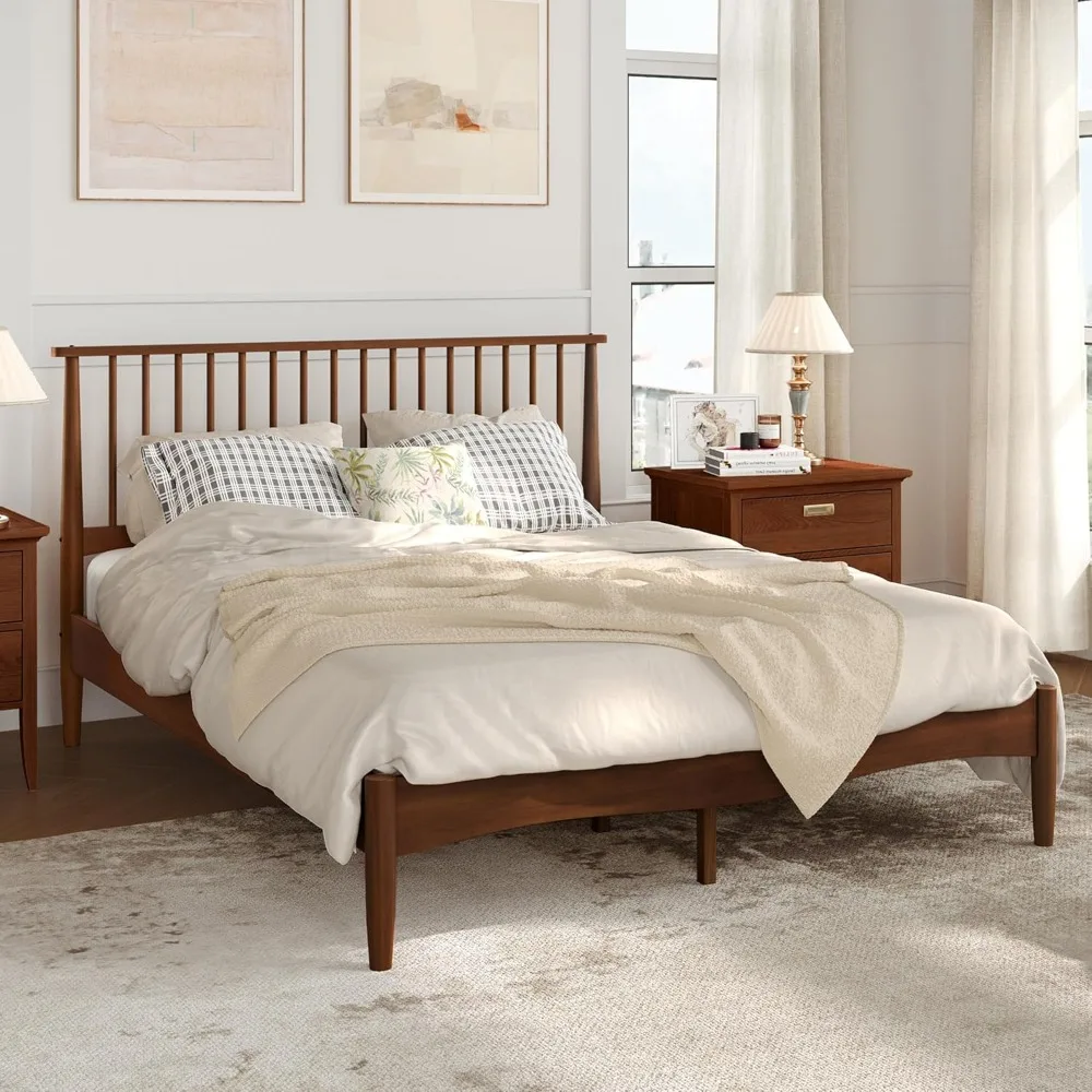 

Wood Bed Frame with Spindled Headboard, Platform Bed Frame Queen Size Mid Century Foundation with Solid Wood Slat Support, No Bo