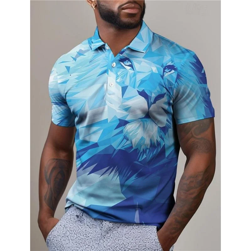 3D Print Cool Lion Polo Shirt For Men Colorful Geometric Pattern T-Shirt Summer Casual Lapel Tops Loose Short Sleeve Clothes