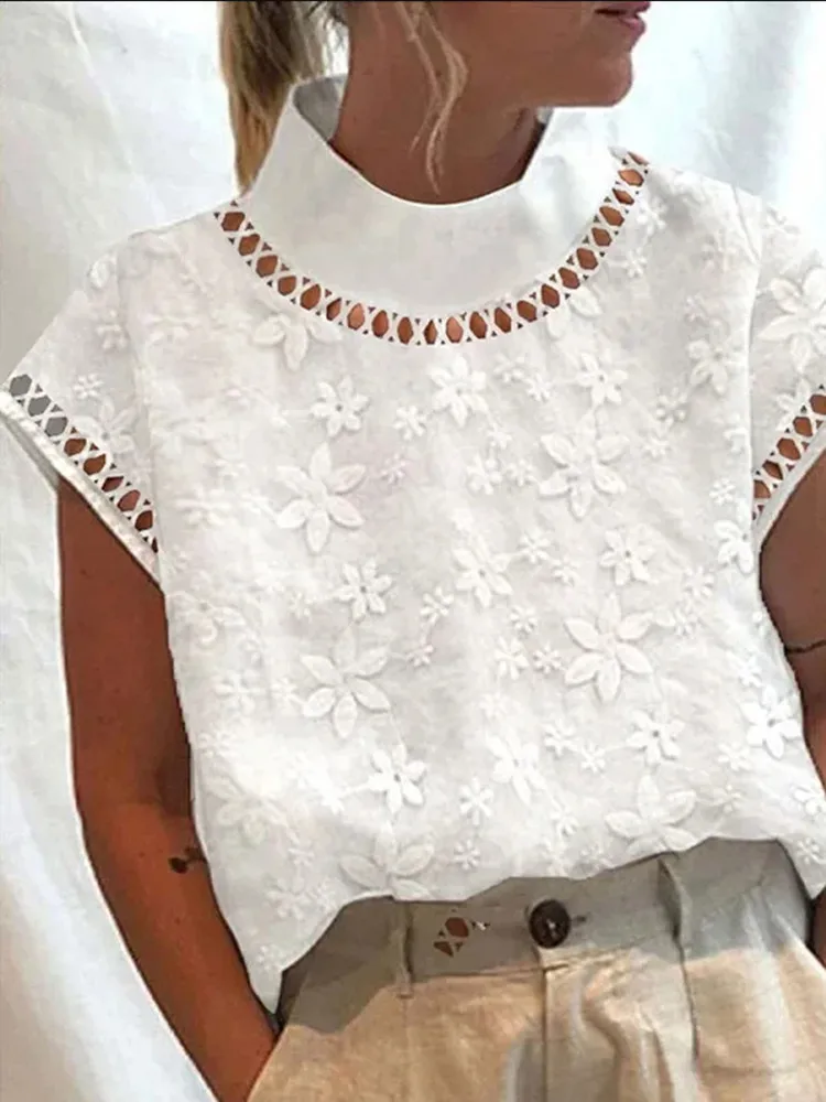 White Cotton Linen Summer New Women Blouse Shirt Elegant Solid Lace Hollow Out Casual Streetwear Office Basic Shirts Tops