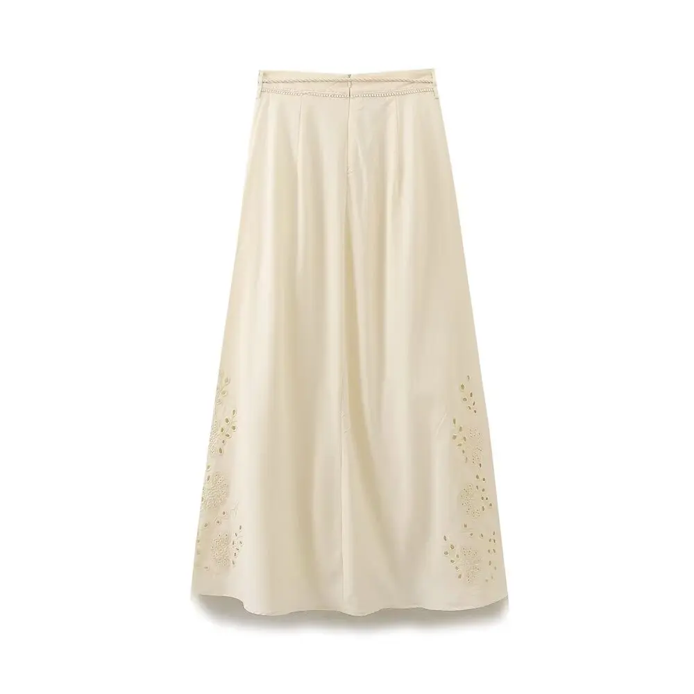 Maxdutti Fashion Hollowed Out Embroidery Lace Skirt Nordic Minimalist With Tassels High Waist A-line Maxi Skirts Womens