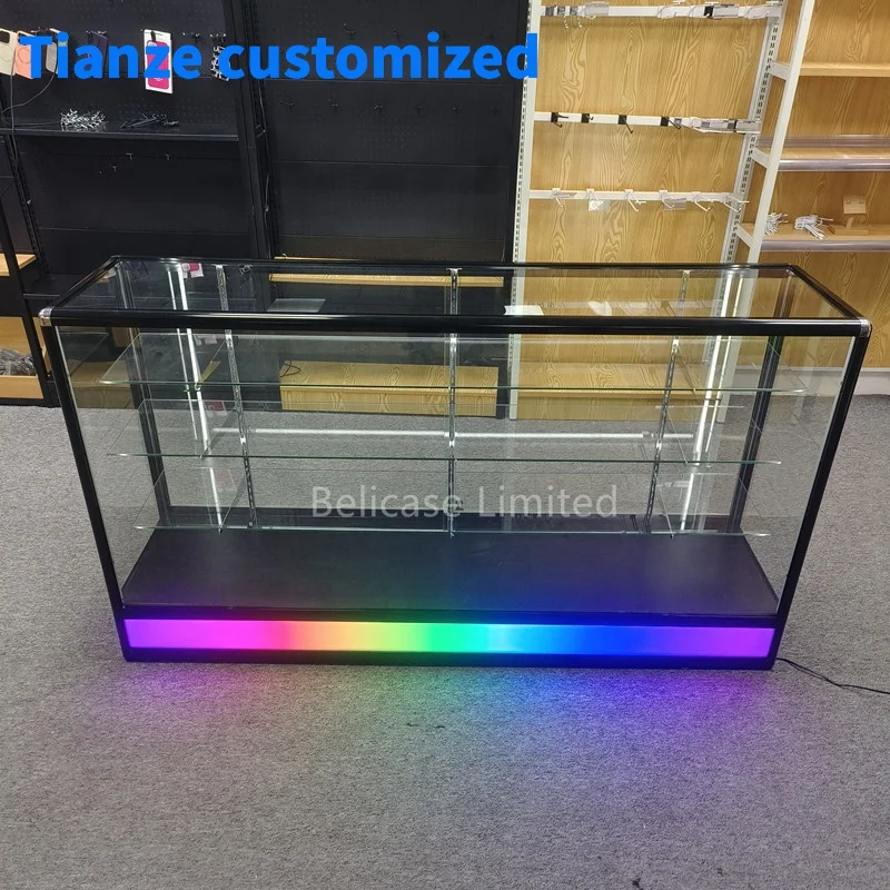 

(Customized) fashionable 70 inch glass showcase adjustable shelves aluminium smoke shop display with color light