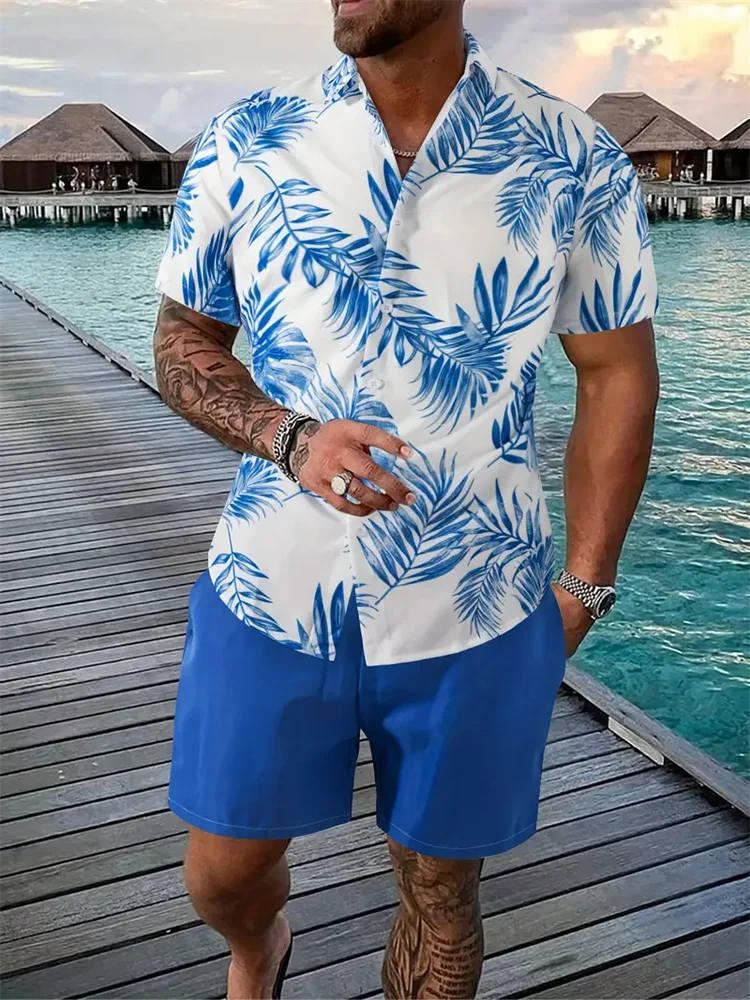 2024 Men\'s Shirt Shorts Set Two Piece 3D Leaf Print Men\'s Shirt Short Sleeve Casual Beach Pants Street Vacation Hawaiian Style