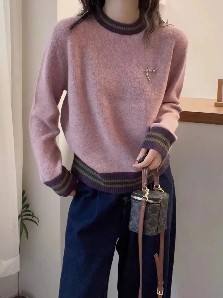 

Ele round Ne Splice Color Knitted Camere Sweater Women's Faion Slimming Long Sve Overhead Korean Sle Commute