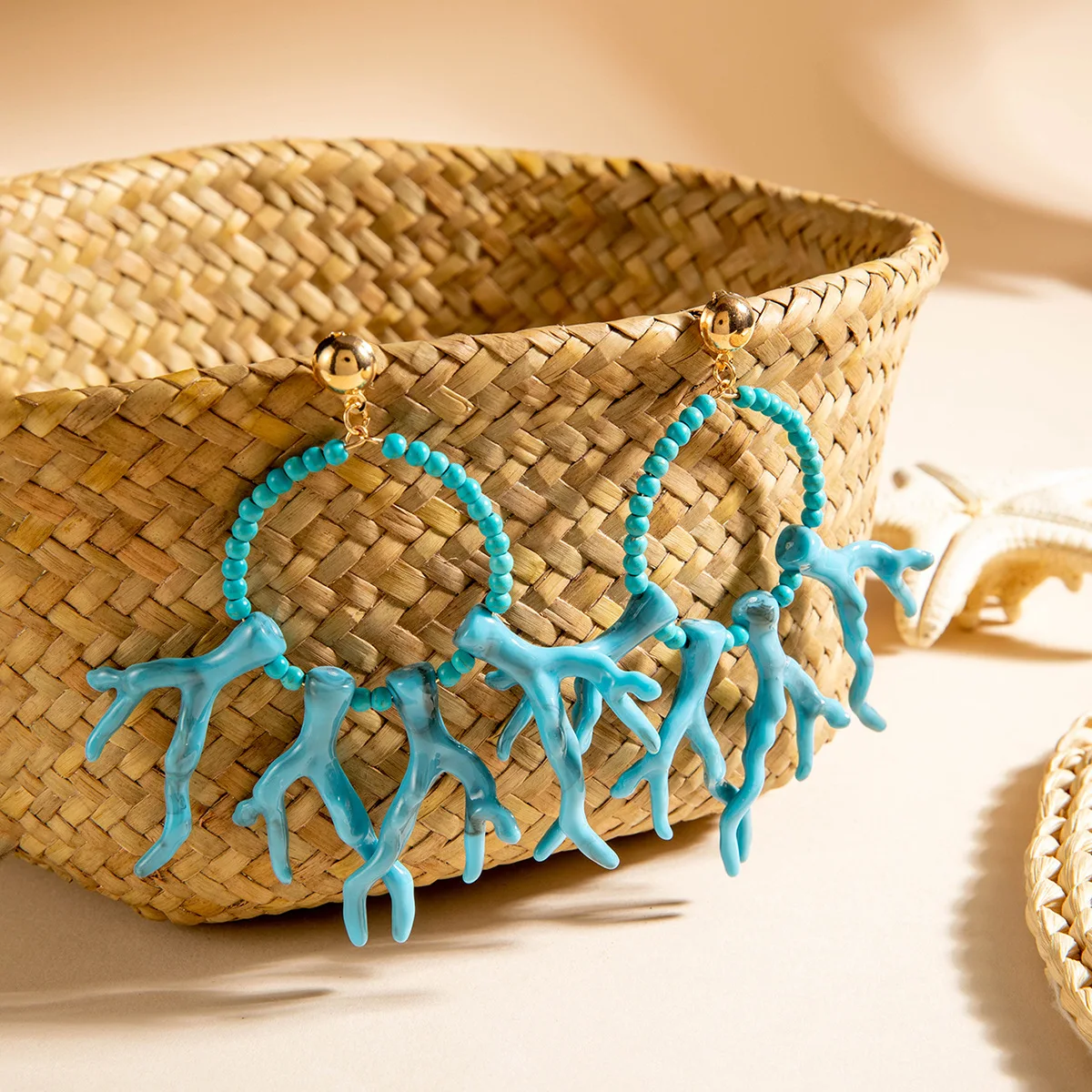 Modische rote Korallen-Ohrringe für Damen, elegante Imitationsperlen, Seestern-Ohrringe, Bohemia, Sommer, Strand, Schmuckzubehör – Detail 16