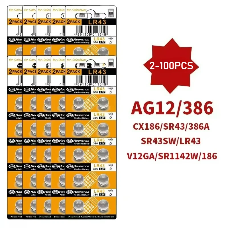 

2-100PCS 1.55V AG12 LR43 100mAh Lithium Button Cell SR43 386 LR1142 V12GA AG 12 SR43W SR1142 Coin Cell Watch Toys Remote Battery